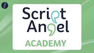 Script Angel Academy” logo on a green gradient background, with stylised speech mark icons integrated into the lettering and a circular logo mark in the top left.