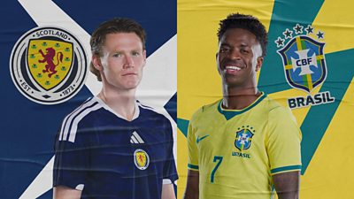 Scotland vs Brazil key art with their two badges on a green background along with BBC and the World Cup 26 logo