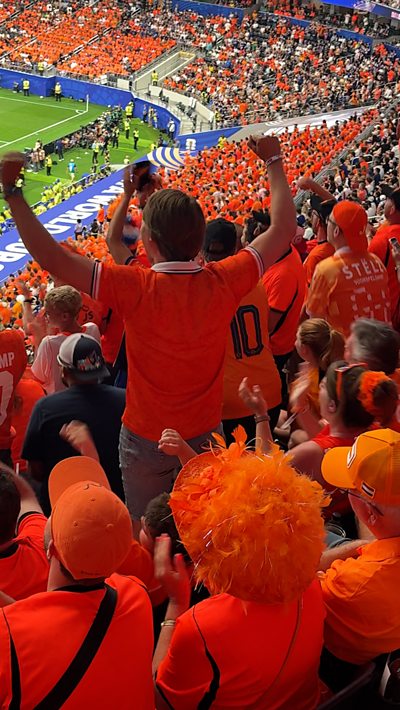 Netherlands fans celebrate their 5-1 win over Sweden