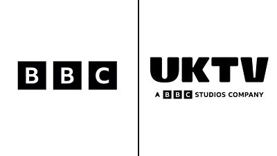 Composite image featuring a BBC logo beside a logo for UKTV, a BBC Studios company. 