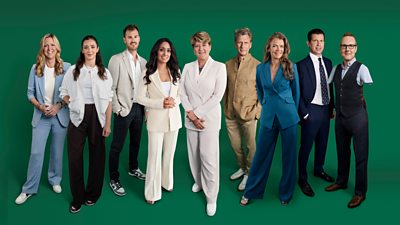 A composite group shot of seven Wimbledon presenters,  Laura Robson, Jamie Murray, Isa Guha, Clare Balding, Andrew Castle, Annabel Croft and Tim Henman, standing against a dark green background