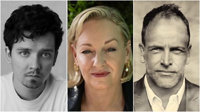 A split image of headshots of Asa Butterfield, Christine Tremarco and Jonny Lee Miller