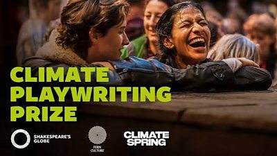 Promotional image for a Climate Playwriting Prize, showing a group gathered at a stage with bold green text and partner logos.