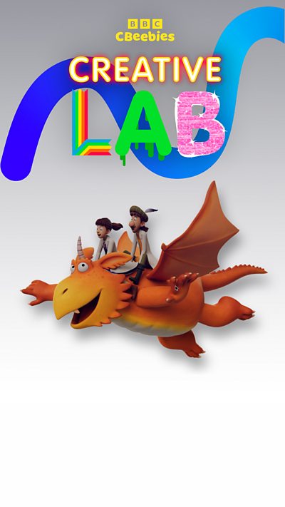 Zog, a friendly orange dragon, flying with Princess Pearl and Sir Gadabout, under a Creative Lab banner.