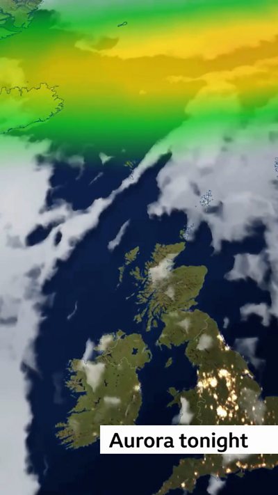 Satellite map of British Isles with clouds and green and yellow aurora