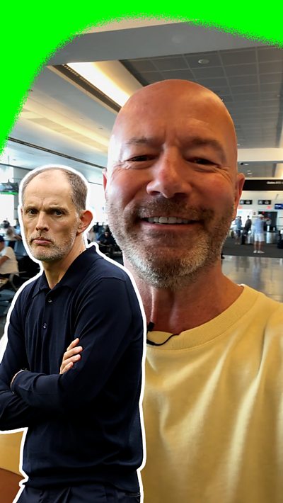 Thomas Tuchel looks at Alan Shearer smiling