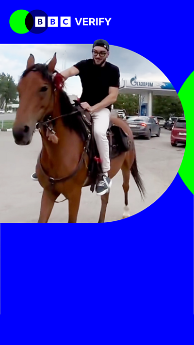 A graphical composite showing a Russian man riding a horse next to the BBC Verify logo.