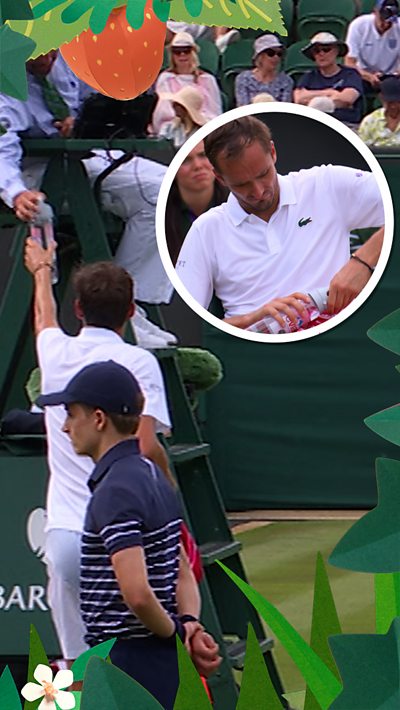 Daniil Medvedev passing on water bottle to umpire