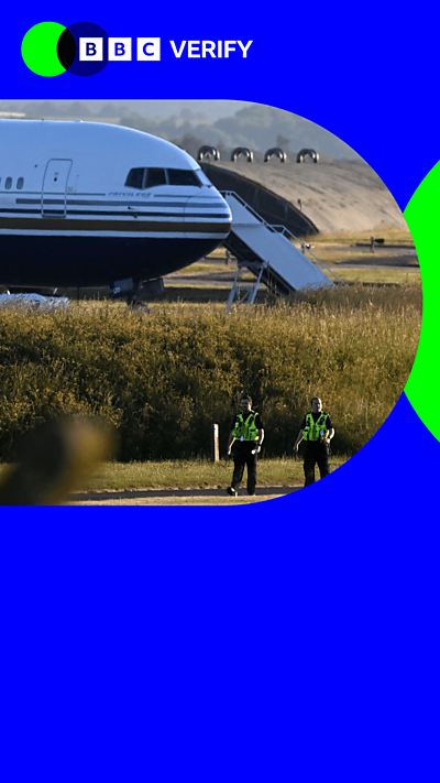 Two police officers walking in front of a plane. There is a large blue border around the scene..