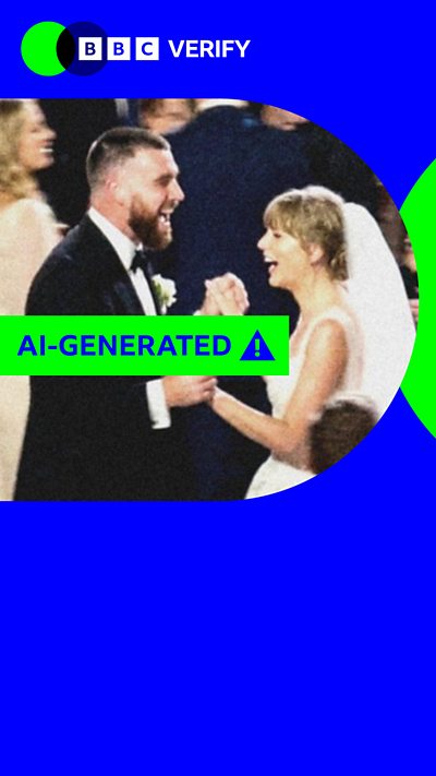 A fake image of Taylor Swift and Travis Kelce dancing at their wedding, in a blue border and labelled as AI-generated.