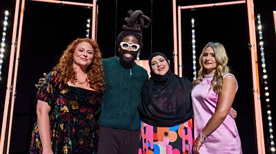 BBC New Comedy Awards 2025 host and judges (Amy Gledhill, Fatiha El-Ghorri, Adjani Salmon, Harriet Kemsley) stand in a line on a stage.