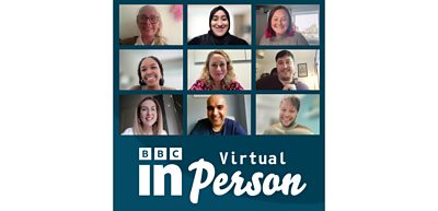 The Virtual in Person (VIP) team online with a group of audience members, alongside the Virtual in Person branding.