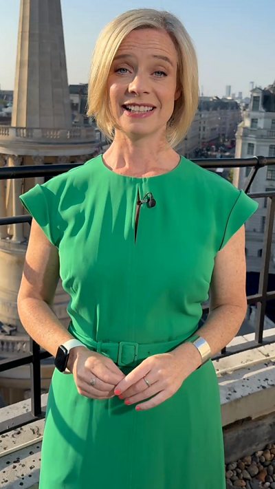 Weather presenter Sarah Keith-Lucas on the BBC roof in a green dress