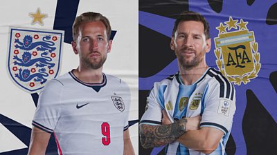 A graphic of Harry Kane and Lionel Messi along with the England and Argentina football logos