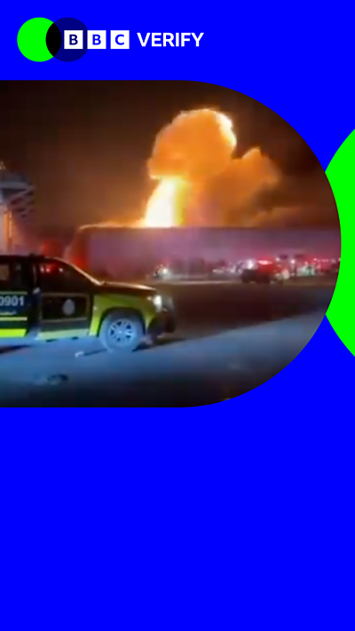 A still from a video of a drone strike in Kuwait, in BBC Verify branding