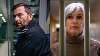 Composite image featuring two first-look photos from Time series 3. On the left is a photo of David Tennant in character as a uniformed Custodial Manager at Young Offenders Institution. On the right is a photo of Siobhan Finneran in character as chaplain Marie-Louise O’Dell. 