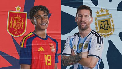Side by side shots of Spain's Lamine Yamal and Argentina's Lionel Messi