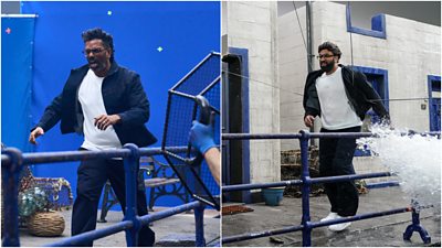 On the left, Romesh struggles to walk through wind being generated by a large fan while filming. On the right, his stunt double moves on wires, with a large jet of water barrelling towards him
