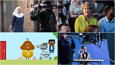 A collage featuring Call The Midwife, Clare Balding at Wimbledon, Anton Du Beke raising his 10 paddle and Romesh as a cartoon creature in Hey Duggee