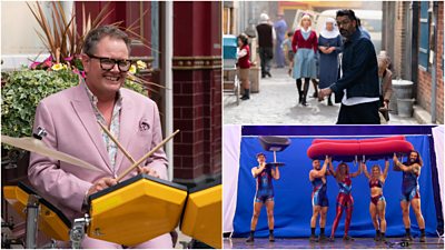 Stills from the Making The Case film featuring Alan Carr on the drums outside the Queen Vic, Romesh walking through a scene from Call The Midwife and the Gladiators behind the scenes, lifting Graham Norton's couch against a blue screen.