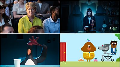 A collage of stills from the film including Clare Balding at Wimbledon, Claudia Winkleman pulling a pint of Traitors Ale surrounded by two hooded figures, Romesh as a character in Hey Duggee and Feathers McGraw being interviewing in an interrogation room