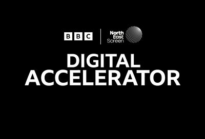 A black text logo for the BBC's Digital Acclerator iniative, also showing the North East Screen logo above.