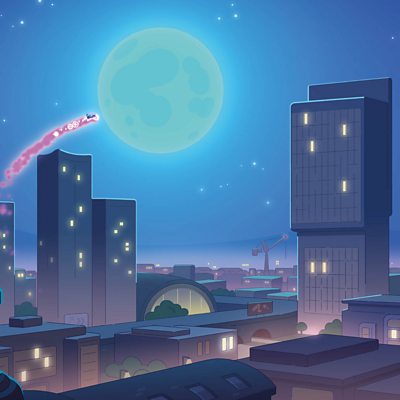 An animated purple sky line of Manchester with Rafi the Wishing Wizard flying across the sky in the distance.