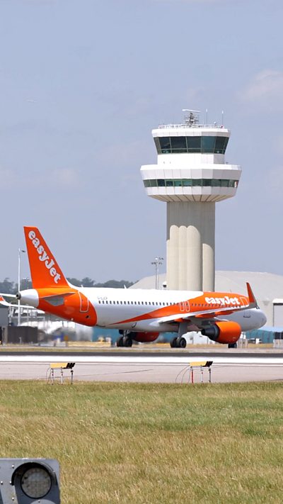 An EasyJet plane in front of an Air Traffic Control Tower.