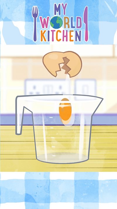 Egg being cracked into jug in My World Kitchen game