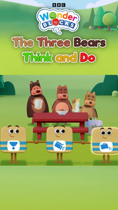 Wonderblocks Make and Do game. Three bears making cereal at a table, with three Do Wonderblocks.