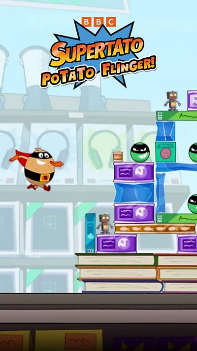 Supertato Potato Flinger gameplay. Supertato flys towards some shelves.