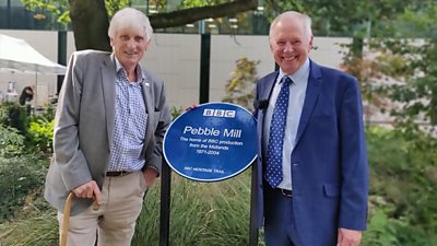BBC Pebble Mill plaque with Top Gear producer Ken Pollock and Midlands Today presenter Nick Owen.