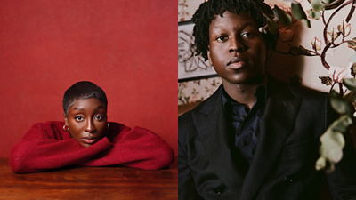 A split image of two headshots, one is a woman in a red jumper against a red background the other a man in a suite against a floral background