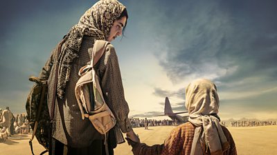 Artwork for Kabul. A woman and child stood outdoors on a large expanse of land. The woman looks down at the child and holds their hand. In the background, the tail of airplane is visible in the distance. Hundreds of people wait in queues near the aircraft. 