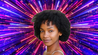Headshot of Bethany Antonia in front of branding for Strictly Come Dancing 2026 - a background of glittering pink, purple and gold beams of light. 