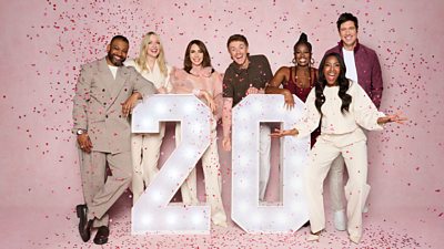 JB Gill, Lauren Laverne, Alex Jones, Roman Kemp, Clara Amfo, Angellica Bell, Vernon Kay stood around a big 20 light as confetti sprinkles across the room
