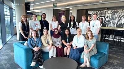 Writers from the 2026 Voices North and Midlands (England) hub with members of the BBC Writers team