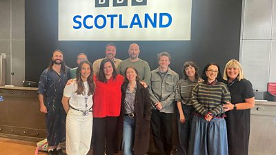 Writers from the 2026 Voices Scotland hub with members of the BBC Writers team