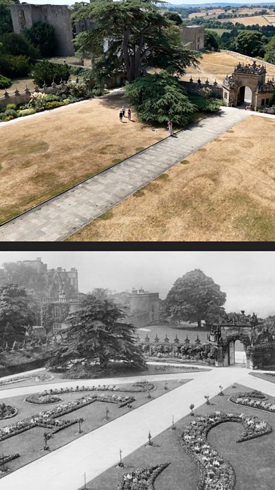 A composite image showing Hardwick Hall in the past and now with parched grass