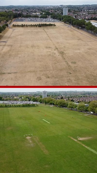 A composite image showing Forest Recreation Ground before and after the dry weather