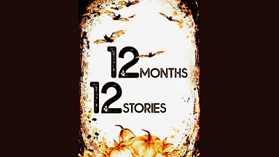 Promotional graphic reading “12 Months, 12 Stories” in bold black text, framed by a distressed autumn-themed border with flying bats at the top and pumpkins at the bottom in warm orange and black tones.
