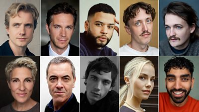 Composite image featuring ten headshots of the new cast annouced for Hercule. Featuring Henry Ashton, James D’Arcy, Calvin Demba, Phil Dunning, Jack Gleeson, Tamsin Greig, James Nesbitt, Guy Remmers, Rebecca Rittenhouse and Mawaan Rizwan.