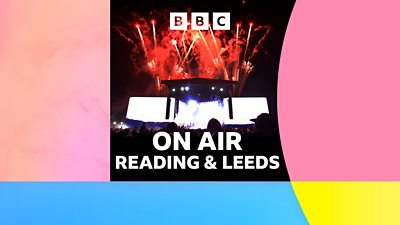 A scene of a festival stage at night, lit up by lights and firewords, is set on a coloured background. On Air Reading & Leeds is written in white.