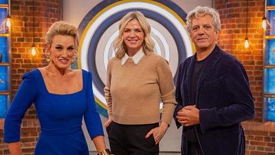 Zoe Ball stands in the MasterChef kitchen with Grace Dent and Giorgio Locatelli.