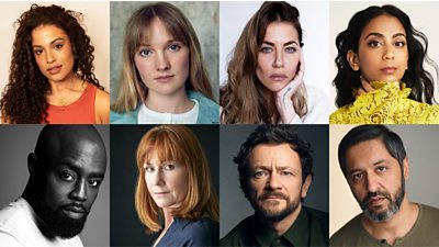 A split image of eight actors headshots side-by-side