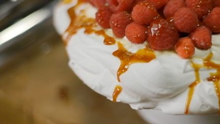 Raspberry and caramel pavlova