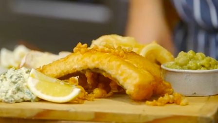 Beer battered hake with mushy peas and tartare sauce