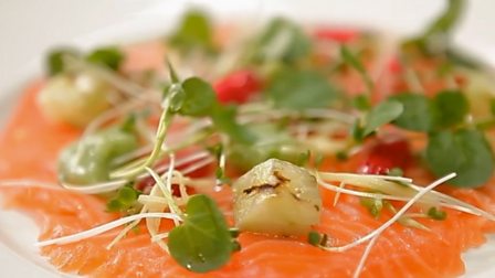 Vanilla cured salmon with cucumber ketchup, charred cucumber and pickled ginger