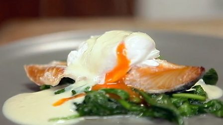 Poached haddock and poached egg with mustard sauce