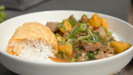 Sweet and sour pork and pineapple with rice omelette